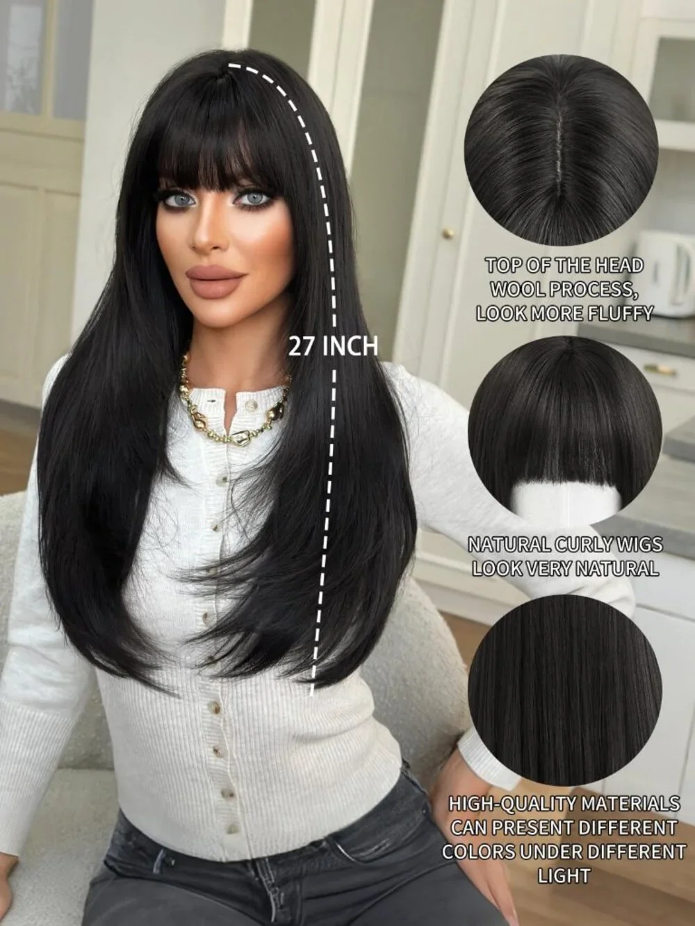 Women's Natural Black 26 Inch Heat Resistant Synthetic Long Straight Wigs Bangs